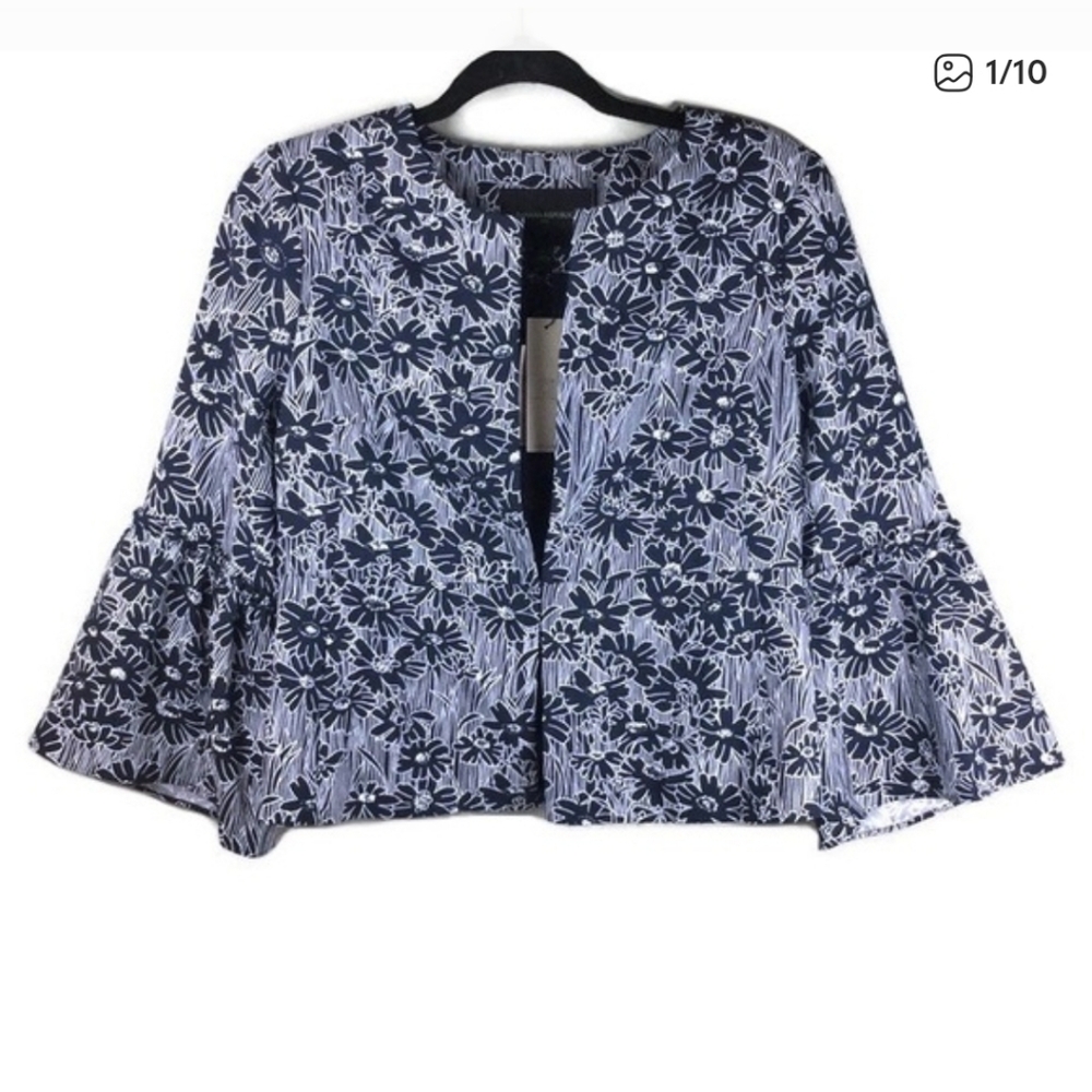 Banana Republic Floral Fluted 3/4 Bell Sleeve Navy Jacket Size 14 EUC